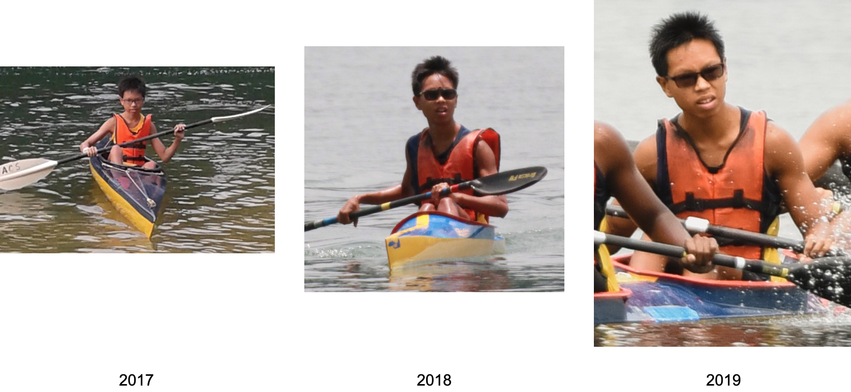 Three photos from 2017 to 2019 showing a young male kayaker growing older, wearing an orange life vest on water.